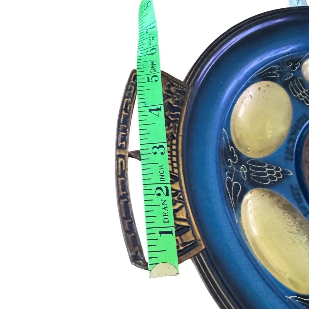 Vintage Green-Blue Enamel Brass Passover Seder Plate 15in Exodus Scene Handles‎